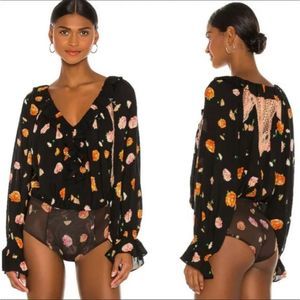 NEW Free People Poppy Floral Bodysuit in Black Combo Size S